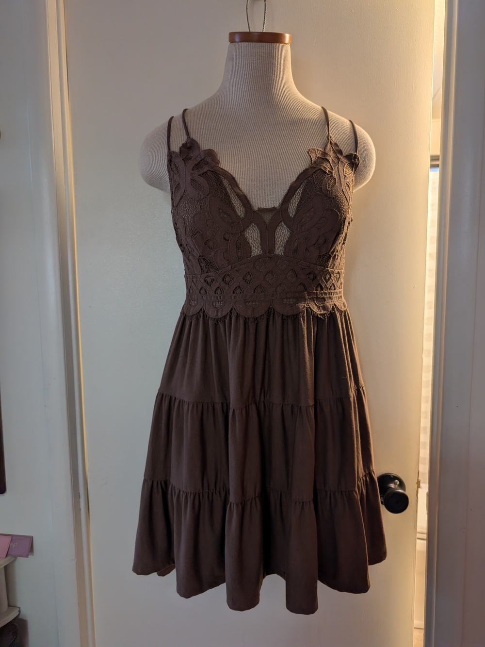 Zenana Outfitters Brown Lace Bodice Tiered Mini Dress